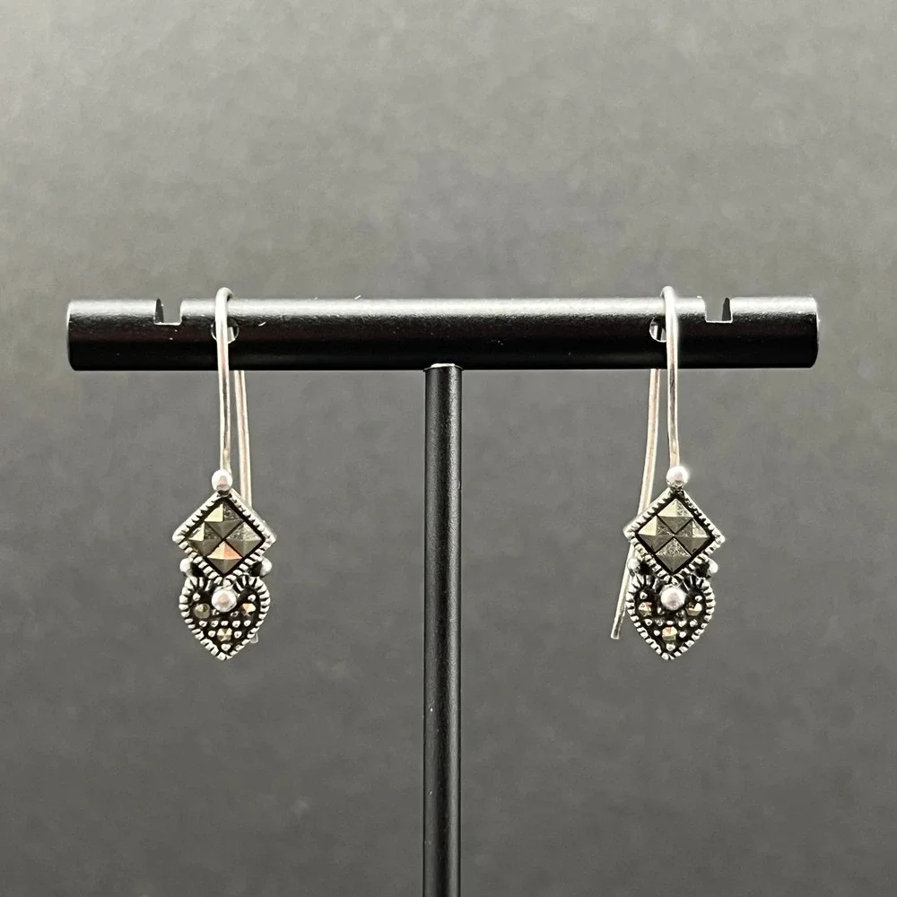 Vintage Sterling Silver Earrings Heart Marcasite Geometric
